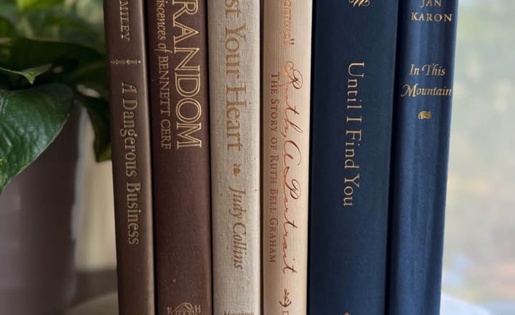 Curated collection of weathered blue, oyster, sand, linen, and driftwood-toned books with soft coastal character.