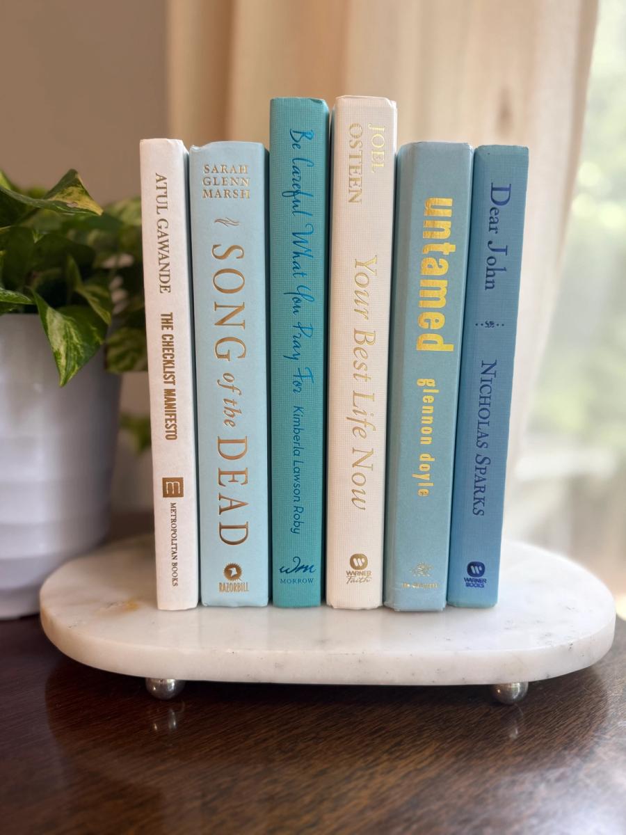 Curated collection of soft blue, aqua, seafoam, and muted coastal-toned books.