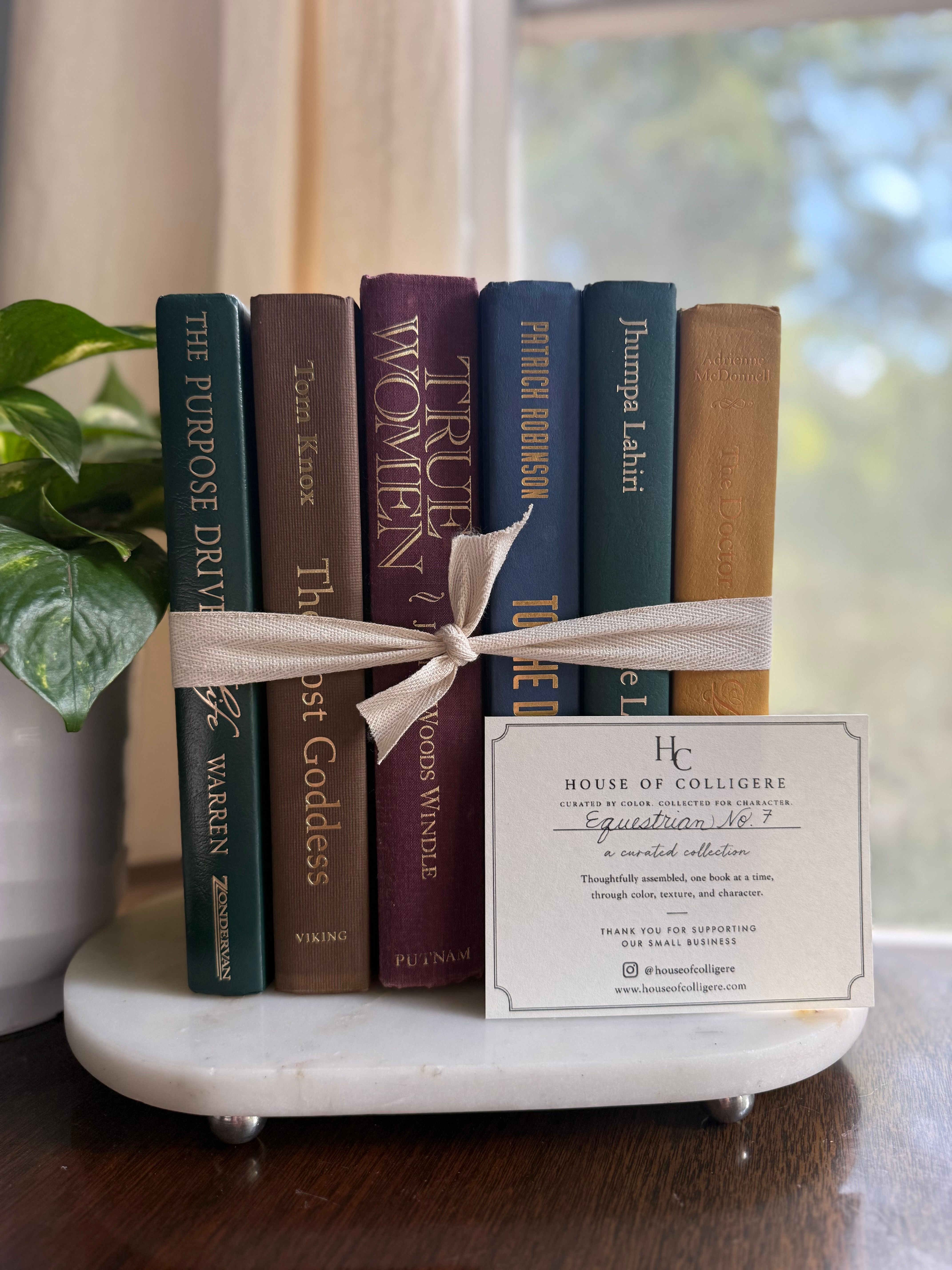 Curated collection of rich brown, hunter green, deep navy, and warm ivory books with classic gold accents.