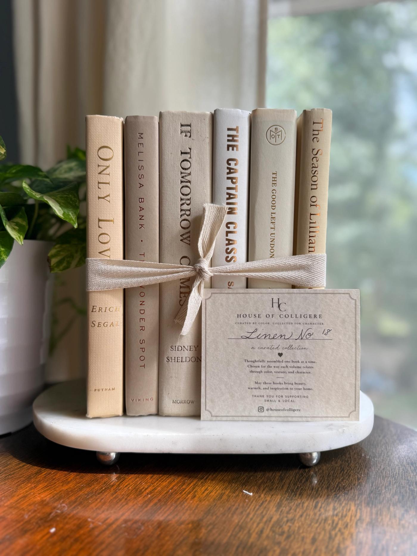 Curated collection of white, ivory, and cream hardcover books with soft neutral tones on a coffee table beside a plant