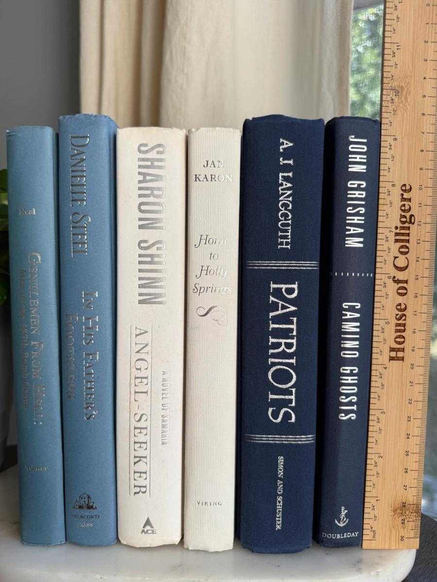 Curated collection of layered blue books ranging from pale coastal blue to deeper ocean tones.