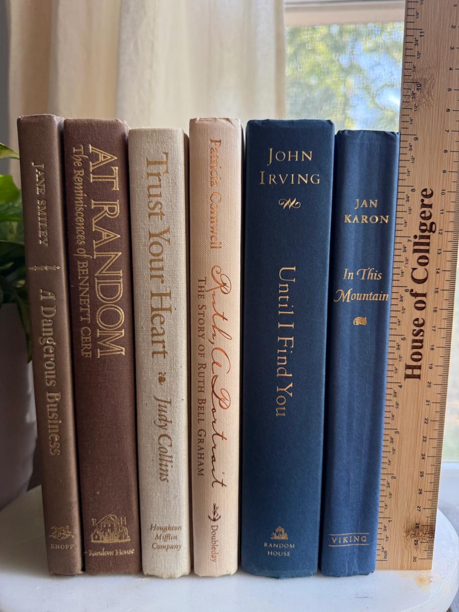 Curated collection of weathered blue, oyster, sand, linen, and driftwood-toned books with soft coastal character.