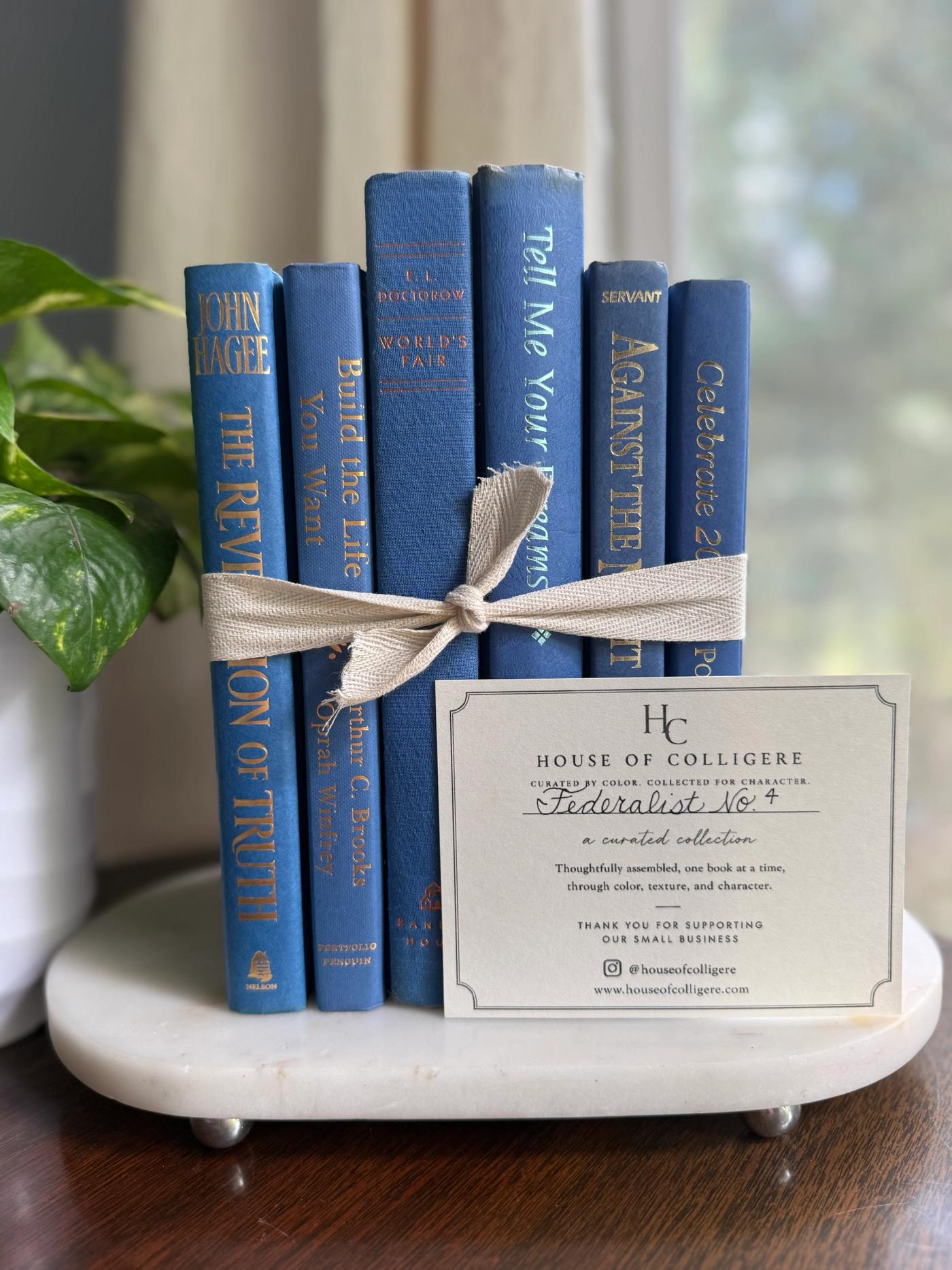 Curated collection of deep navy, warm ivory, brown, and gold-accented books with classic traditional character.