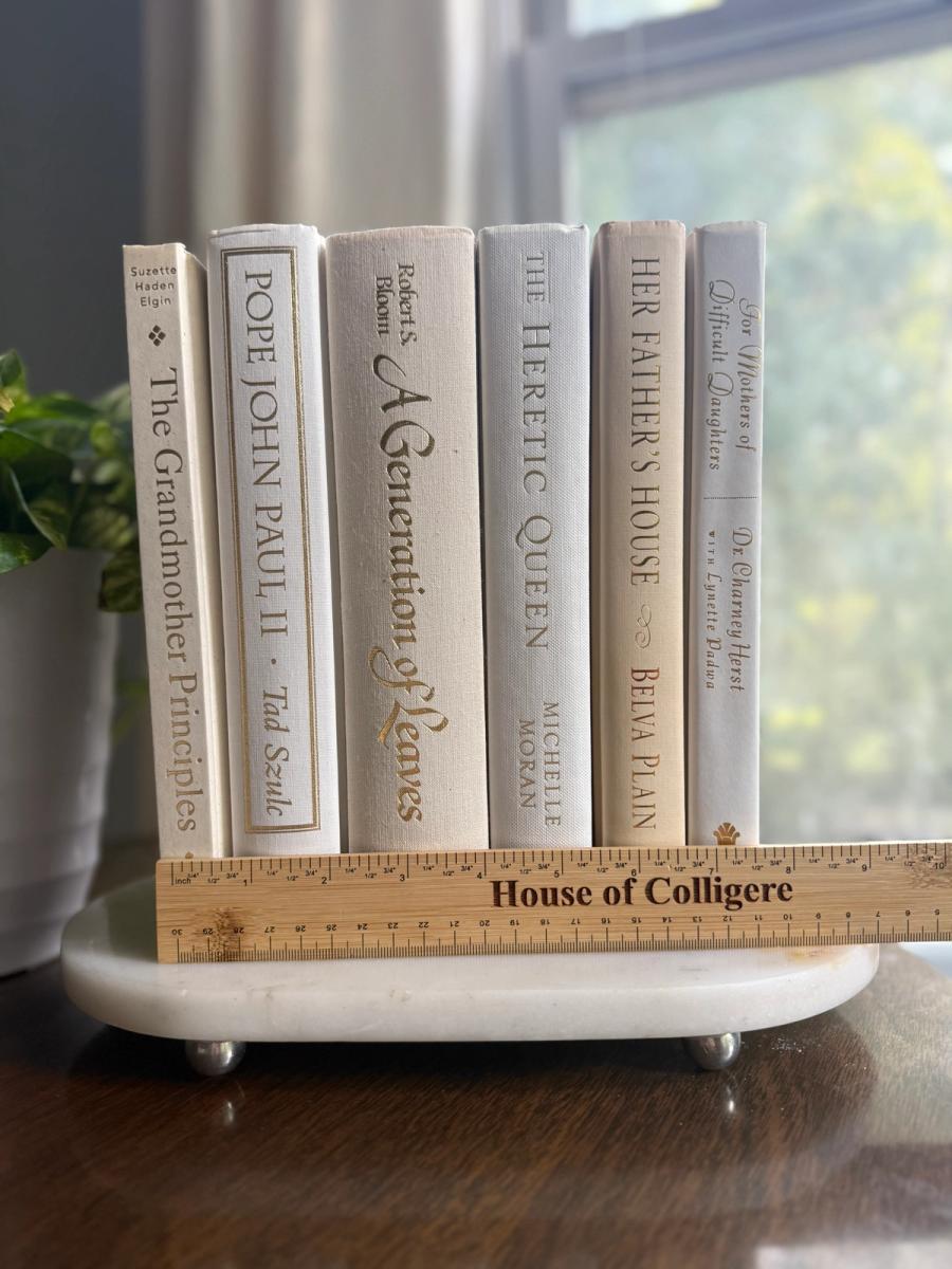 Curated collection of white, ivory, and cream hardcover books with soft neutral tones on a coffee table beside a plant