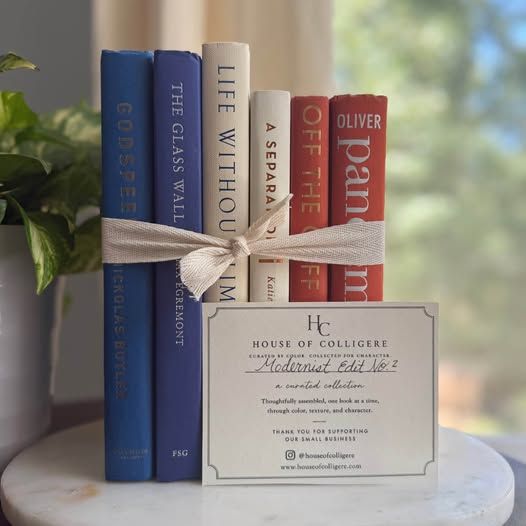 A bold, graphic collection of six hardcover books curated in cobalt blue, deep navy, warm ivory, and coral orange. Strong typography, saturated color, and varied cloth textures give this collection a clean, modern character.