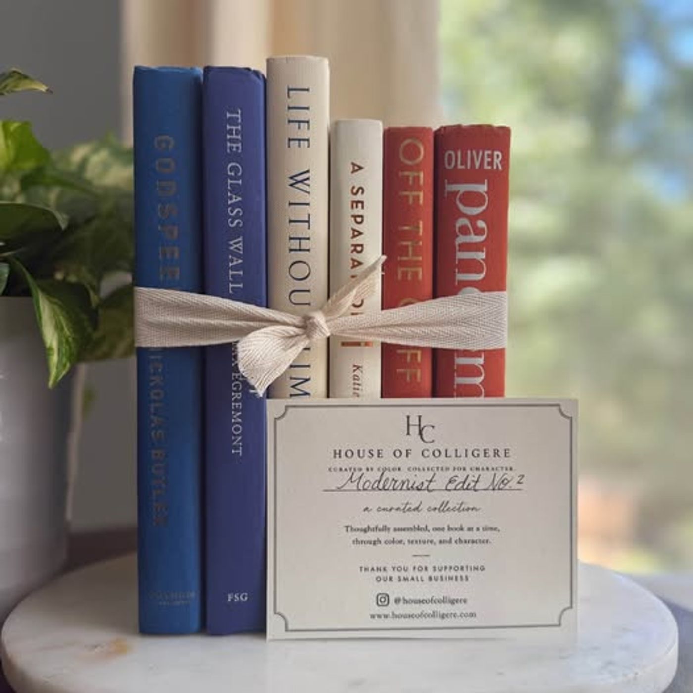 A bold, graphic collection of six hardcover books curated in cobalt blue, deep navy, warm ivory, and coral orange. Strong typography, saturated color, and varied cloth textures give this collection a clean, modern character.