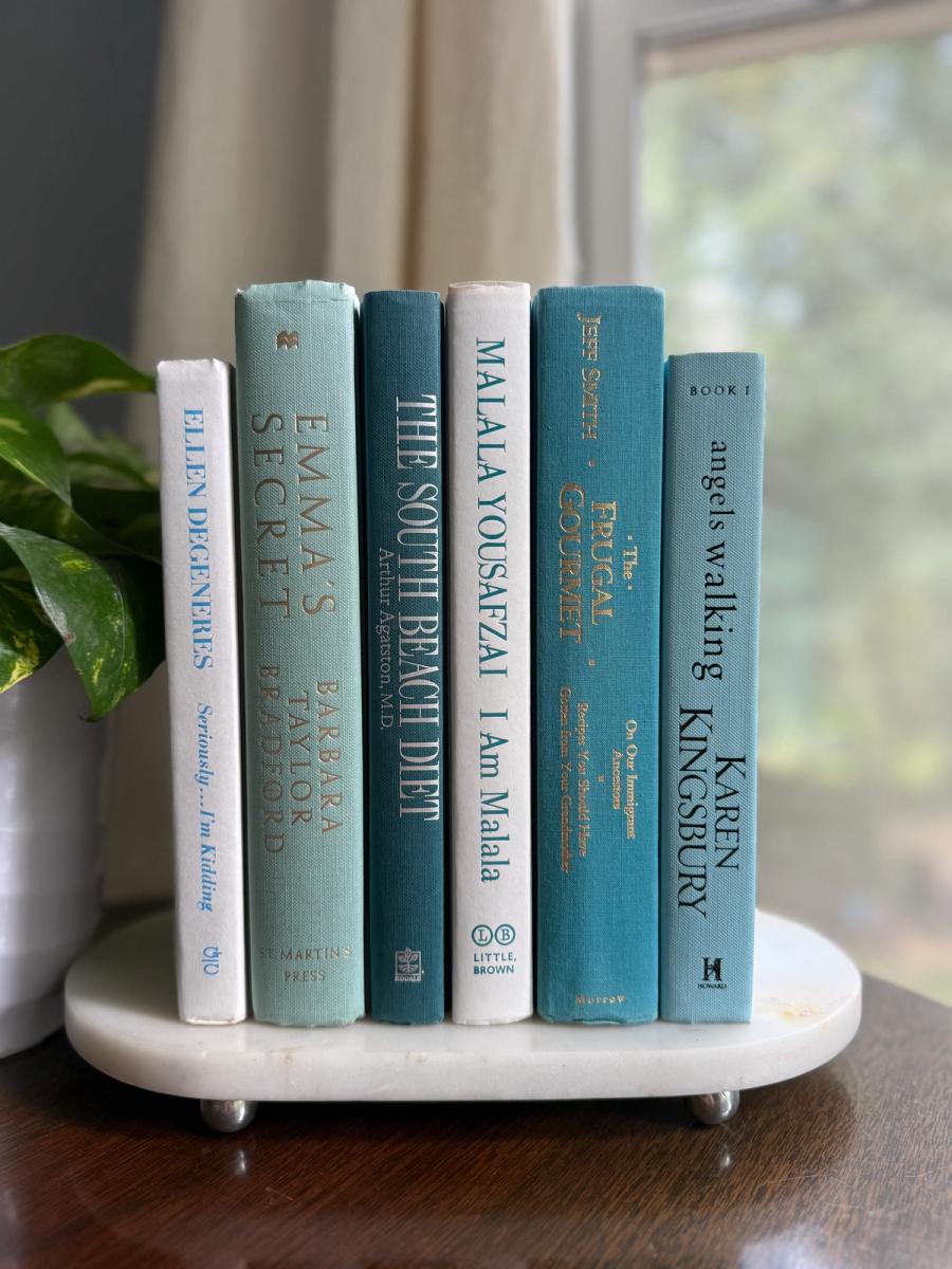 Curated collection of soft blue, aqua, seafoam, and muted coastal-toned books.