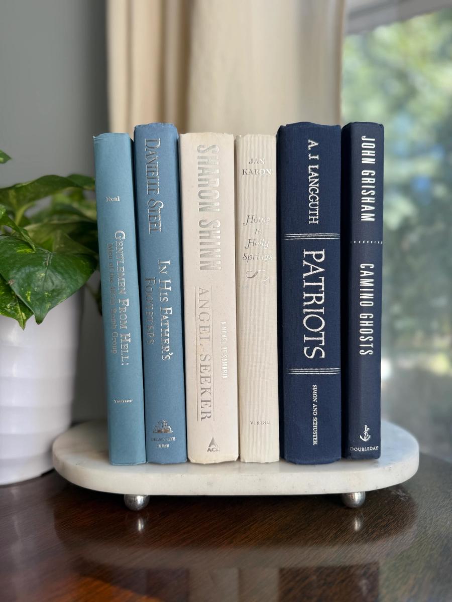 Curated collection of layered blue books ranging from pale coastal blue to deeper ocean tones.