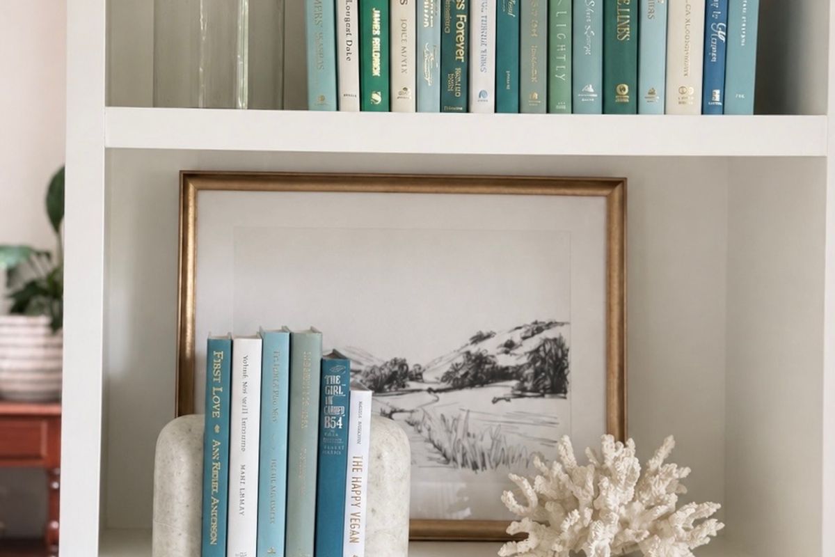 Curated collection of soft blue, aqua, seafoam, and muted coastal-toned books.