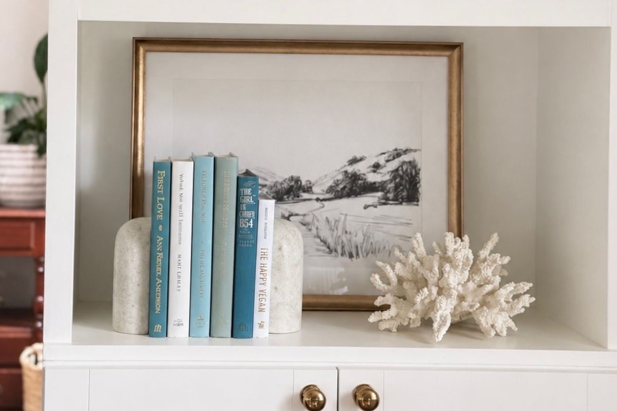 Curated collection of soft blue, aqua, seafoam, and muted coastal-toned books.