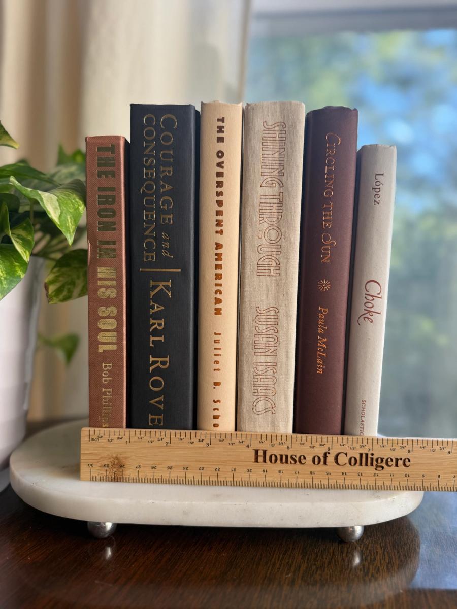 Curated collection of warm brown, olive, tan, and aged neutral books with a traditional library palette.