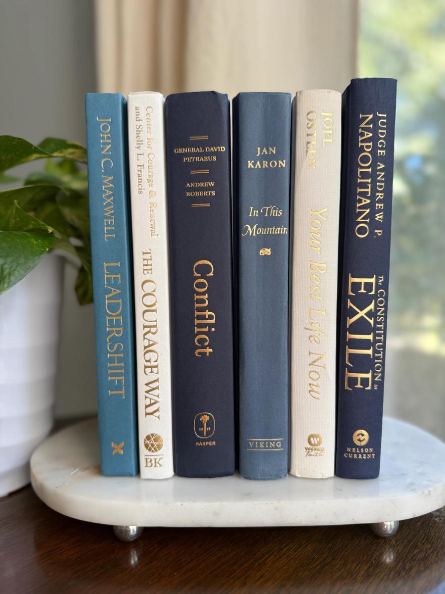 Curated collection of layered blue books ranging from pale coastal blue to deeper ocean tones.