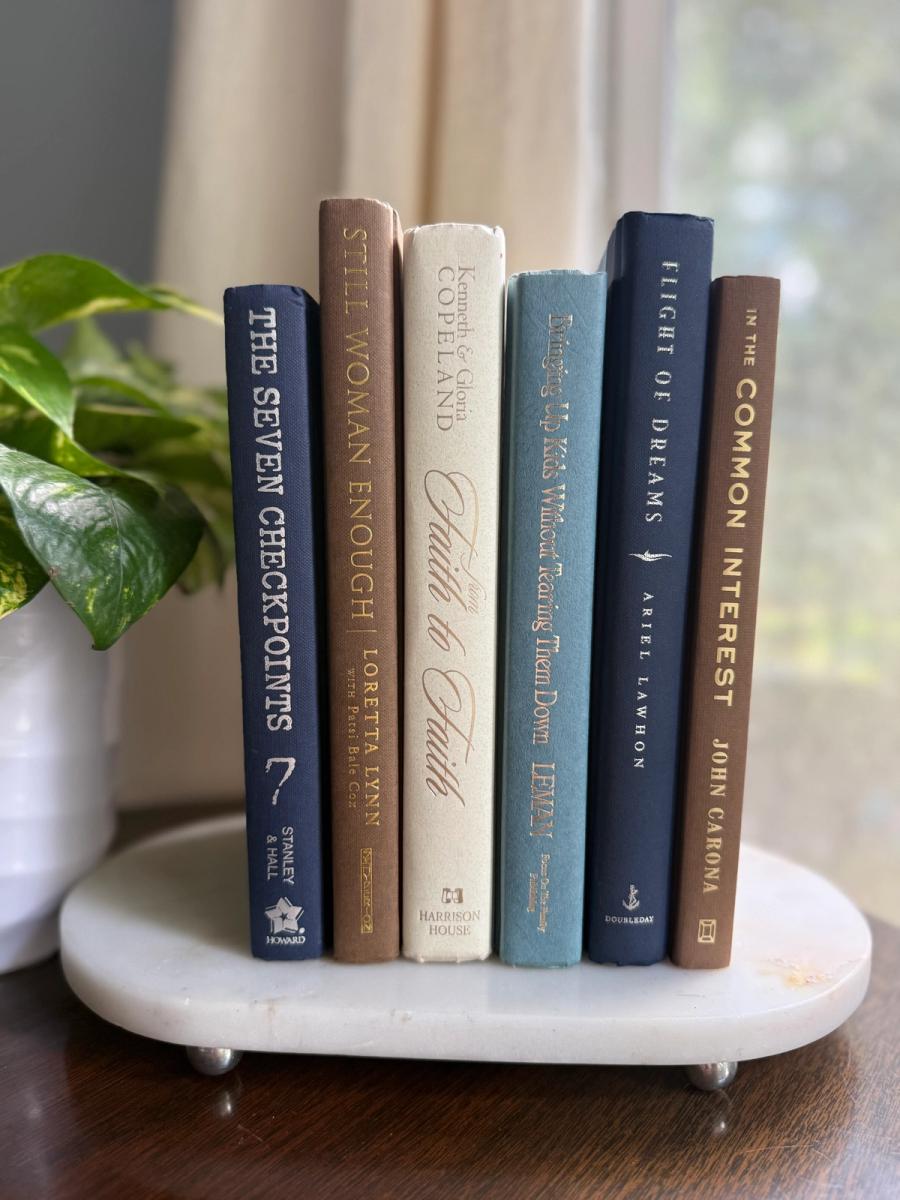 Curated collection of weathered blue, oyster, sand, linen, and driftwood-toned books with soft coastal character.