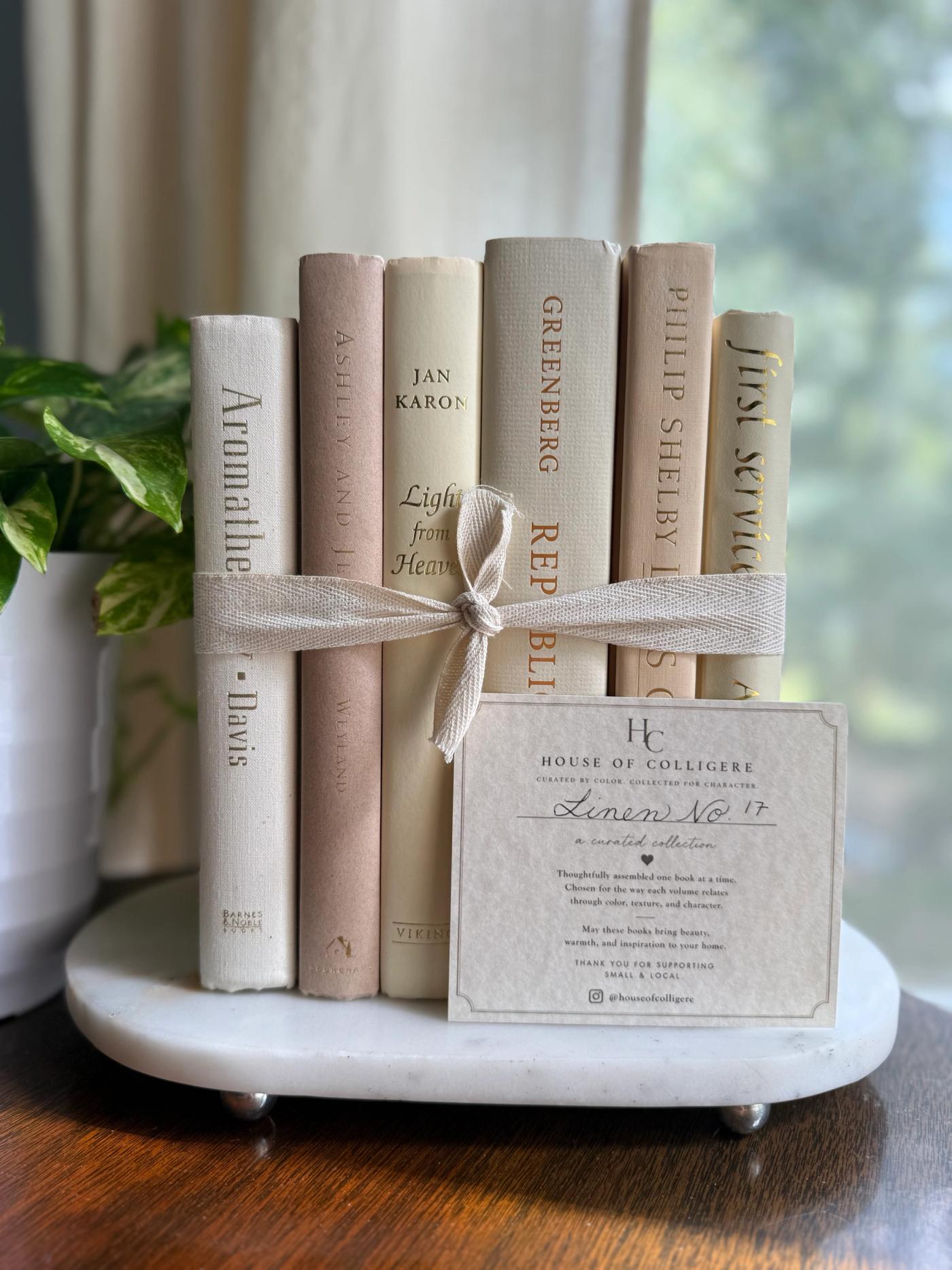 Curated collection of white, ivory, and cream hardcover books with soft neutral tones on a coffee table beside a plant