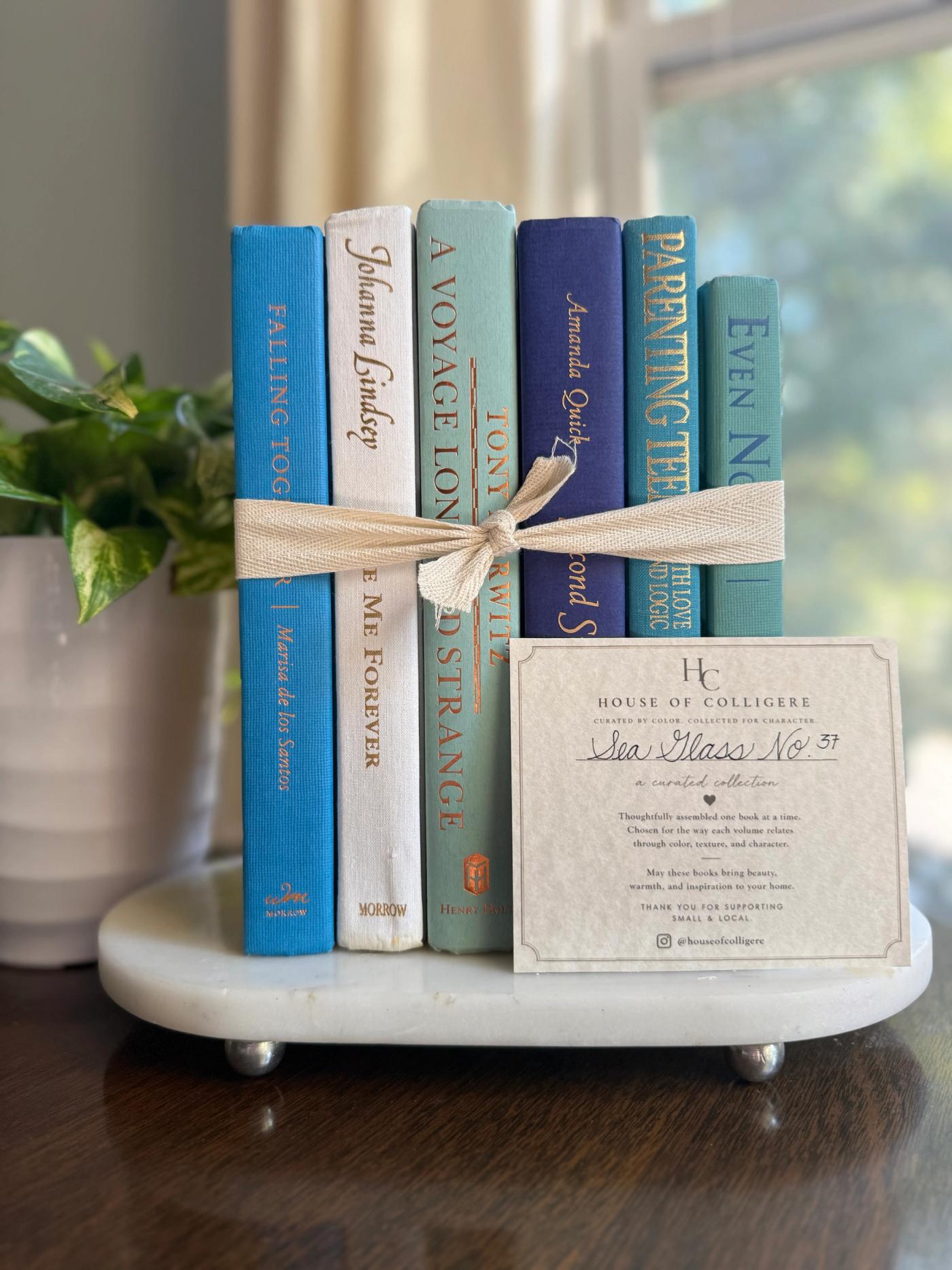 Curated collection of soft blue, aqua, seafoam, and muted coastal-toned books.