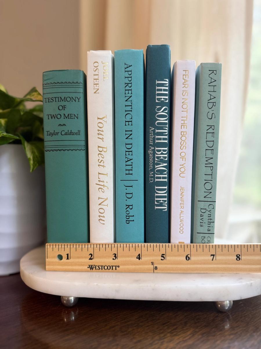 Curated collection of soft blue, aqua, seafoam, and muted coastal-toned books.