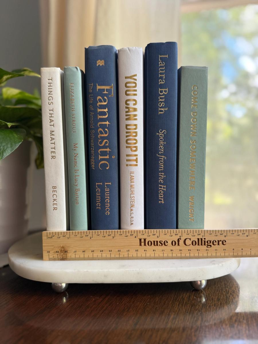 Curated collection of layered blue books ranging from pale coastal blue to deeper ocean tones.