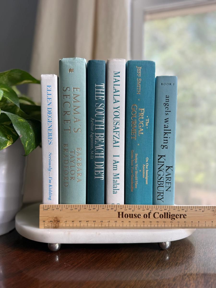 Curated collection of soft blue, aqua, seafoam, and muted coastal-toned books.