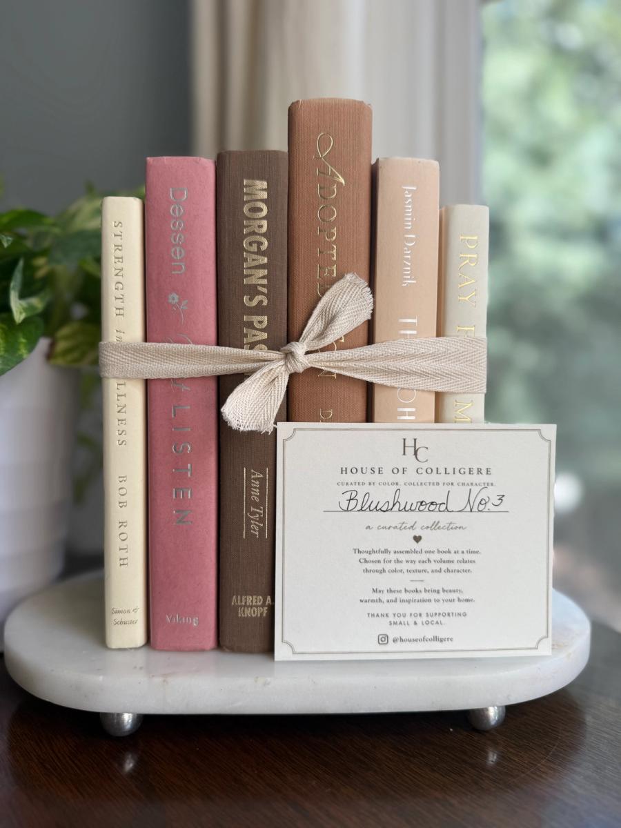 Curated collection of blush, dusty rose, warm taupe, and softly muted neutral books.