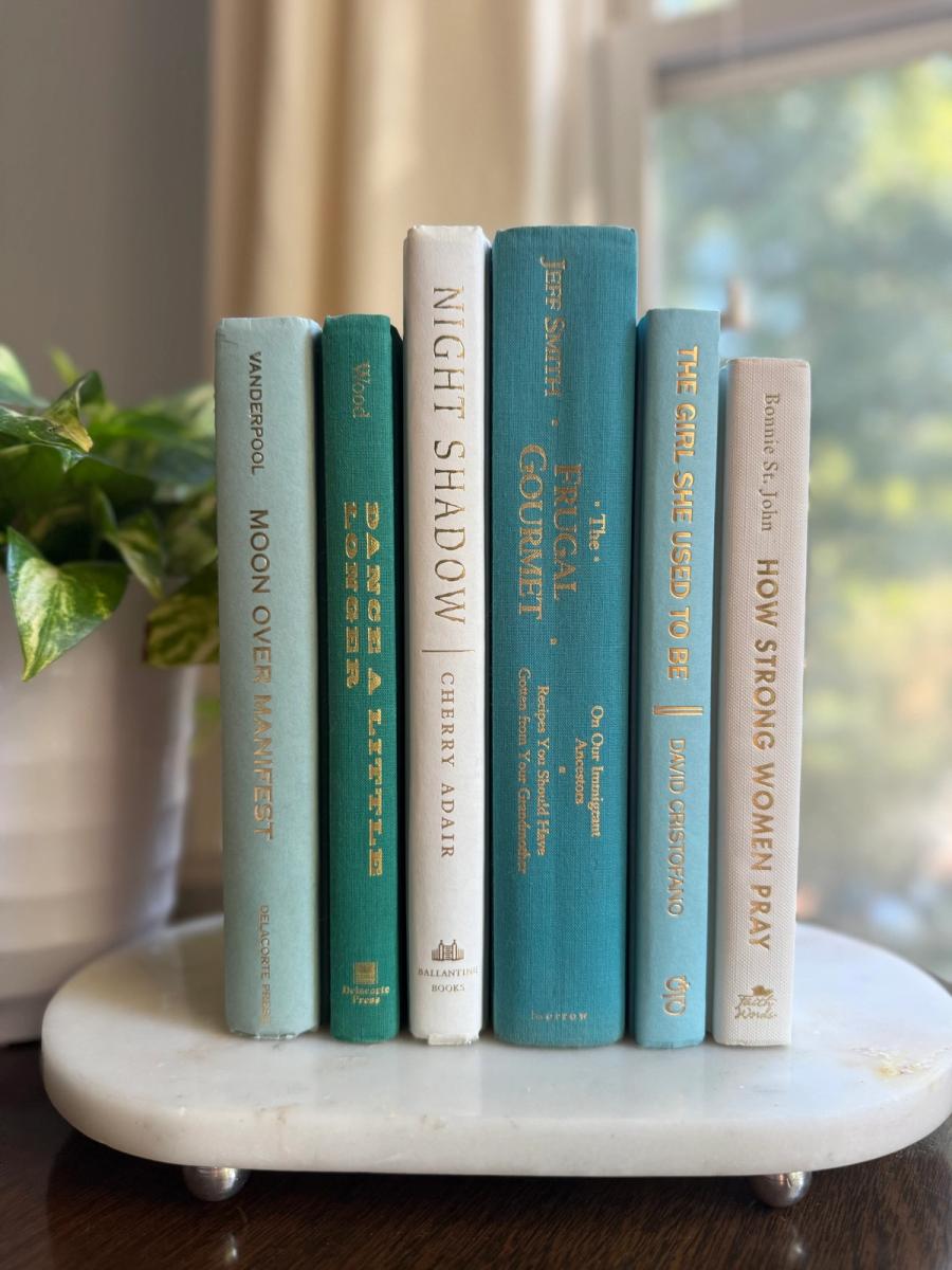Curated collection of soft blue, aqua, seafoam, and muted coastal-toned books.
