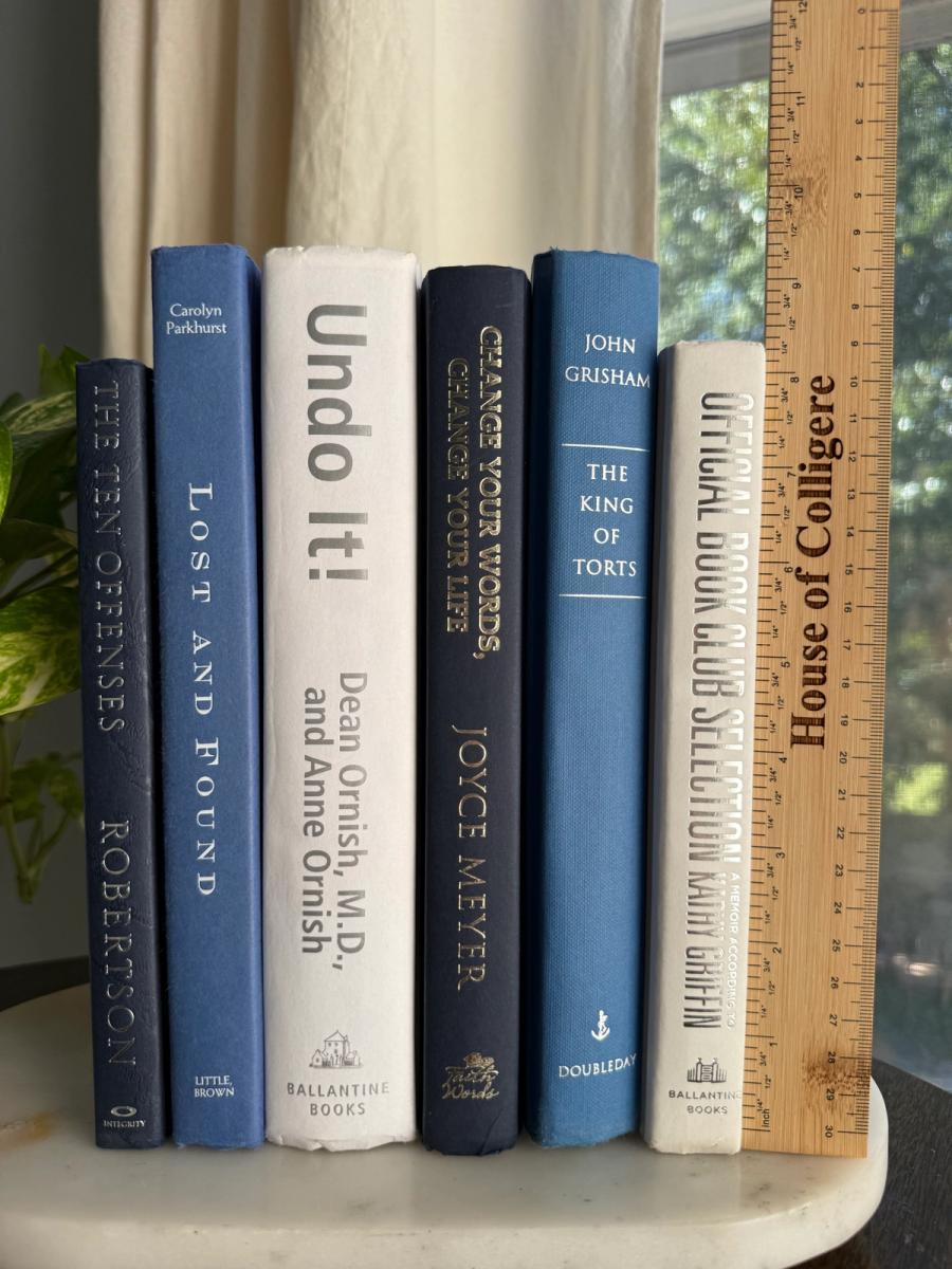 Curated collection of layered blue books ranging from pale coastal blue to deeper ocean tones.