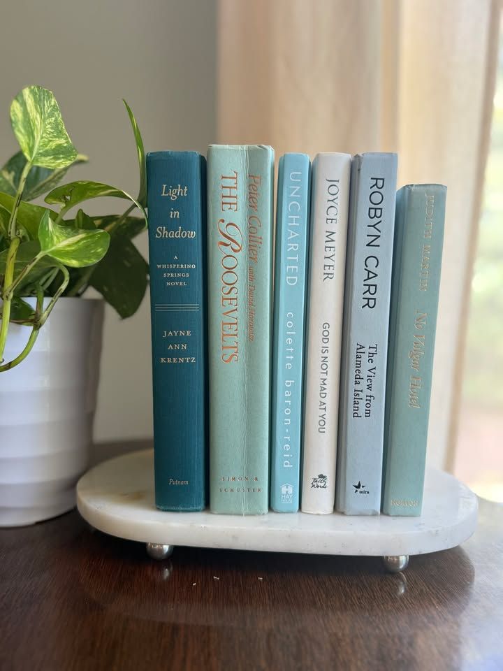 Curated collection of soft blue, aqua, seafoam, and muted coastal-toned books.