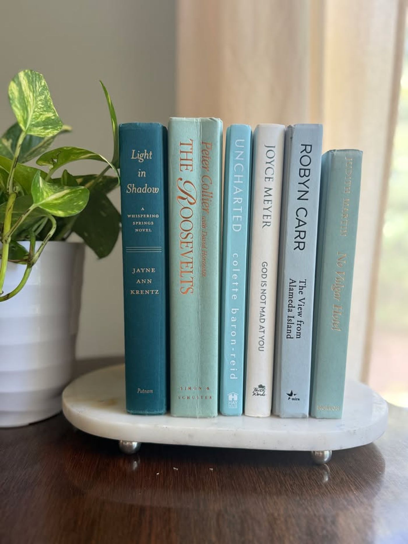 Curated collection of soft blue, aqua, seafoam, and muted coastal-toned books.