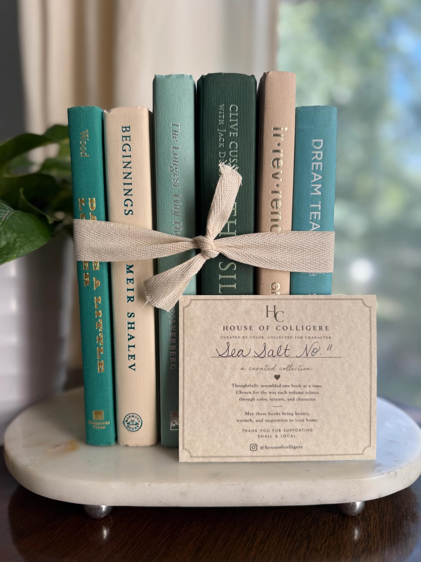 Curated collection of white, pale blue, sand, and soft coastal-neutral books with an airy, sun-faded look.