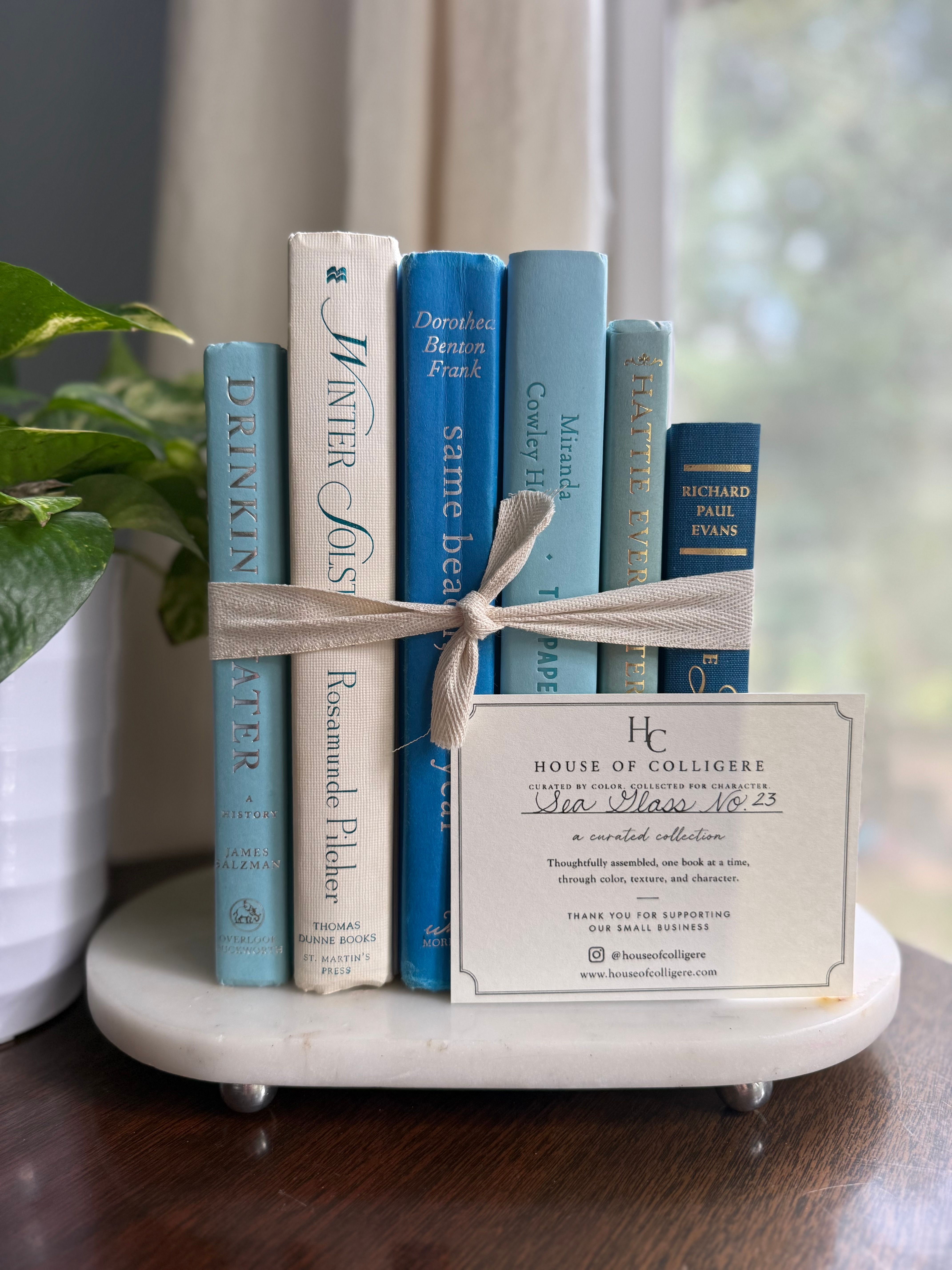 Curated collection of soft blue, aqua, seafoam, and muted coastal-toned books.