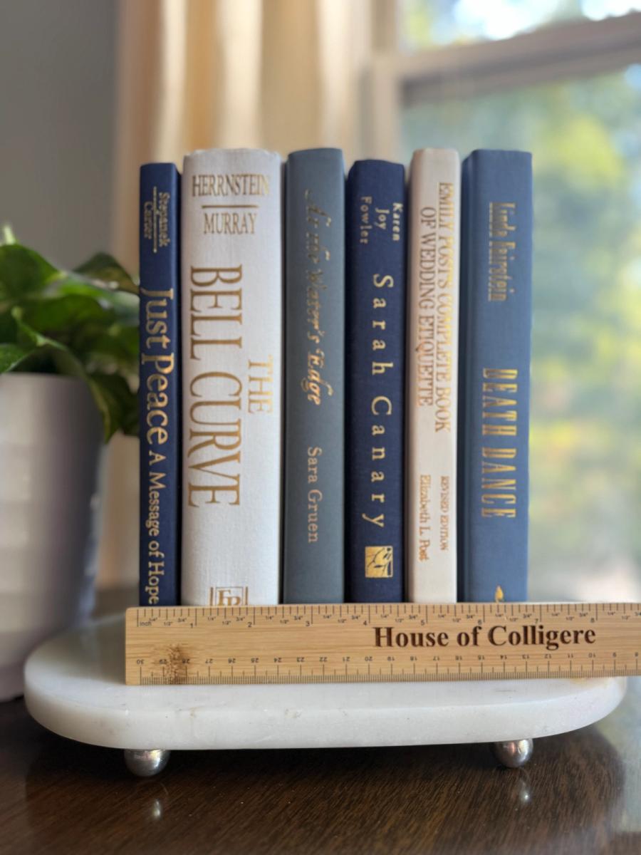 Curated collection of layered blue books ranging from pale coastal blue to deeper ocean tones.