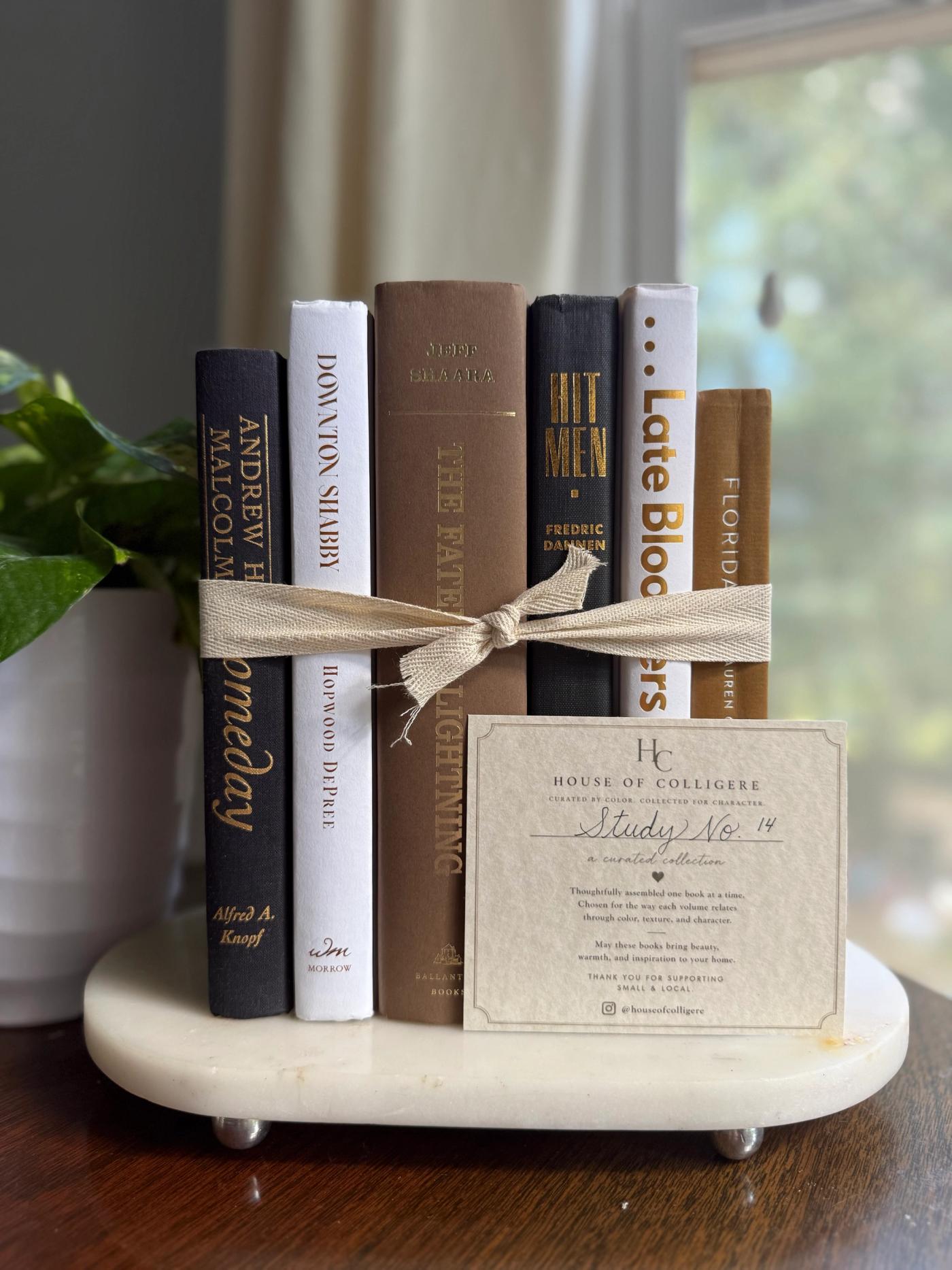Curated collection of warm brown, olive, tan, and aged neutral books with a traditional library palette.