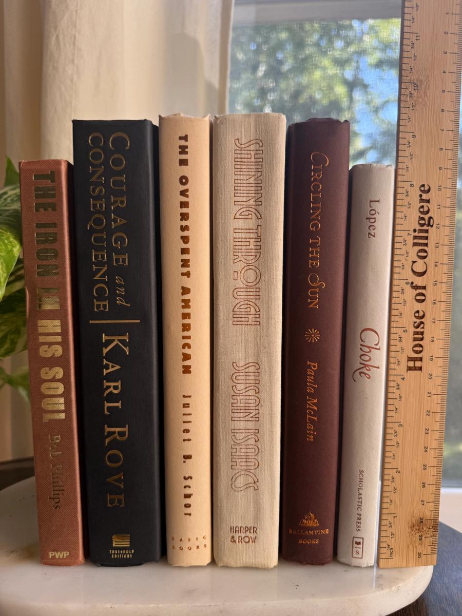 Curated collection of warm brown, olive, tan, and aged neutral books with a traditional library palette.