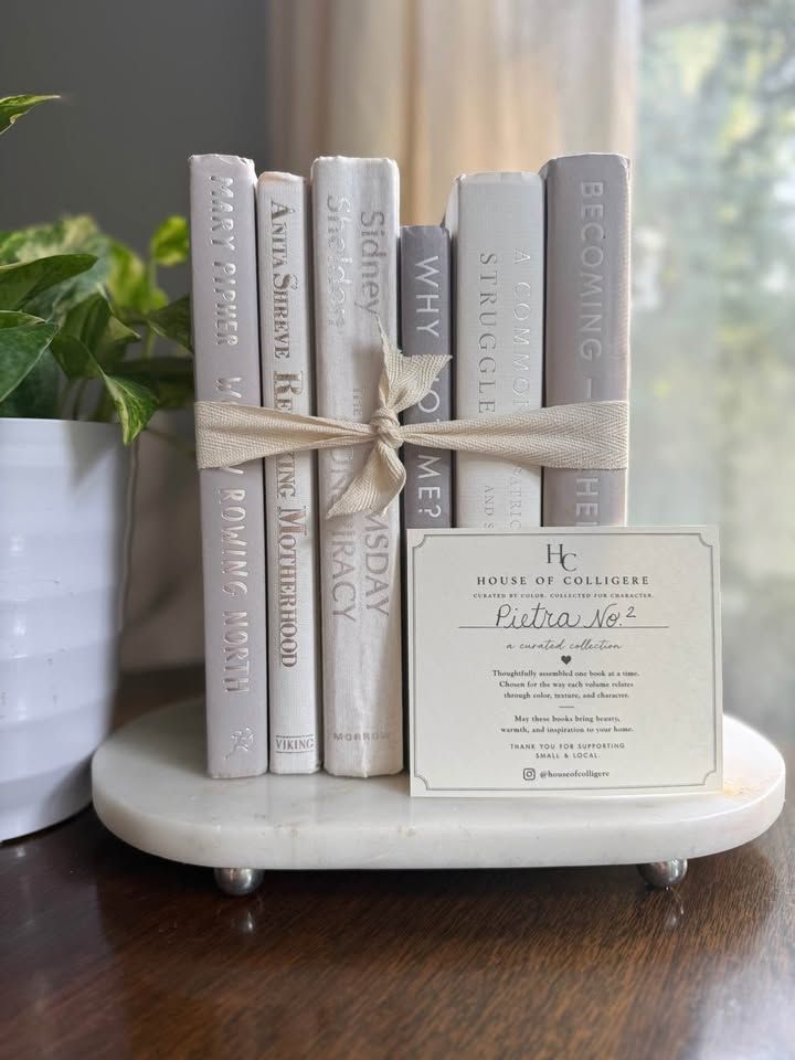 Curated collection of soft white, pale gray, warm greige, and stone-toned books with subtle tonal variation.