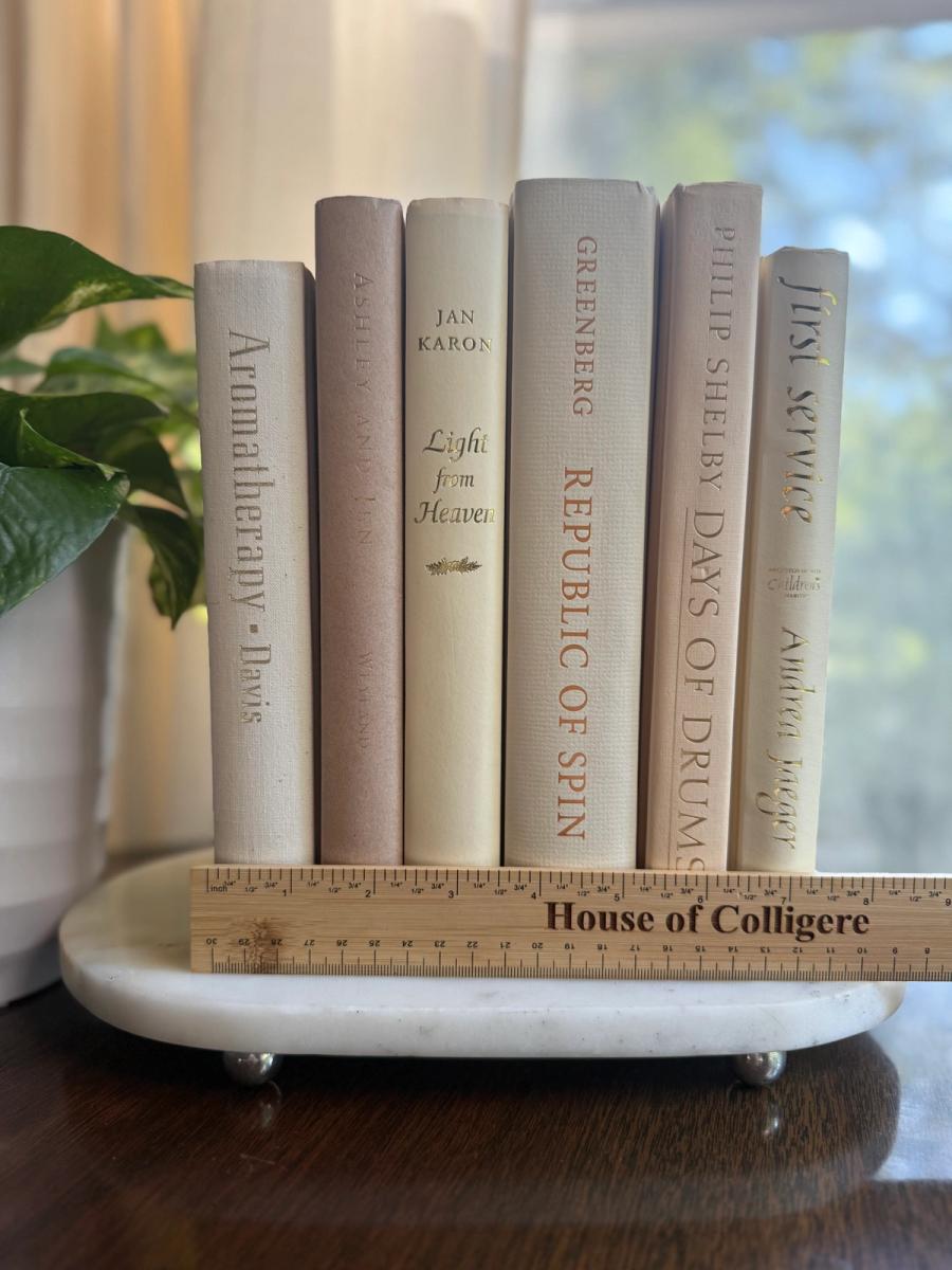 Curated collection of white, ivory, and cream hardcover books with soft neutral tones on a coffee table beside a plant