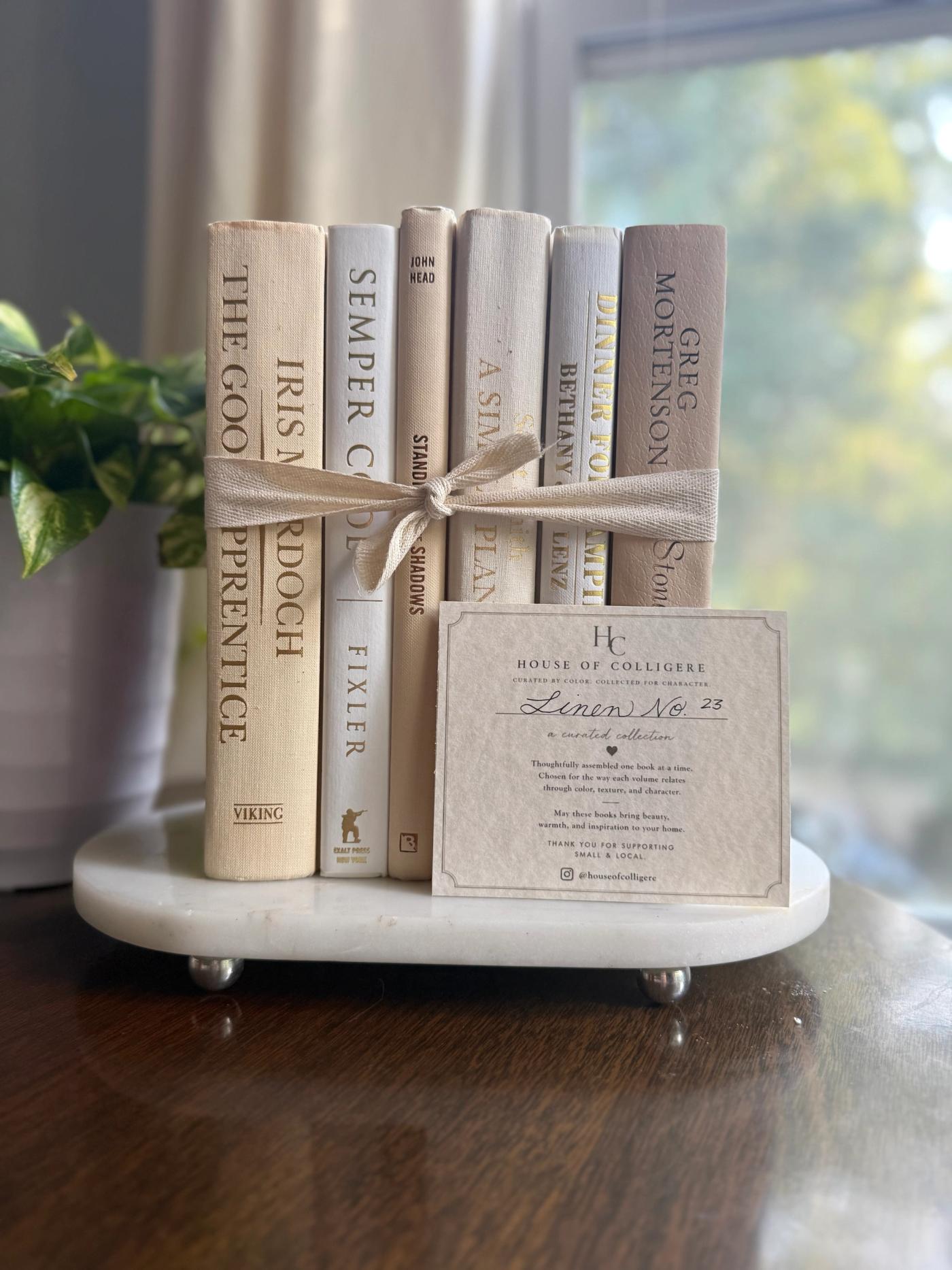 Curated collection of white, ivory, and cream hardcover books with soft neutral tones on a coffee table beside a plant 