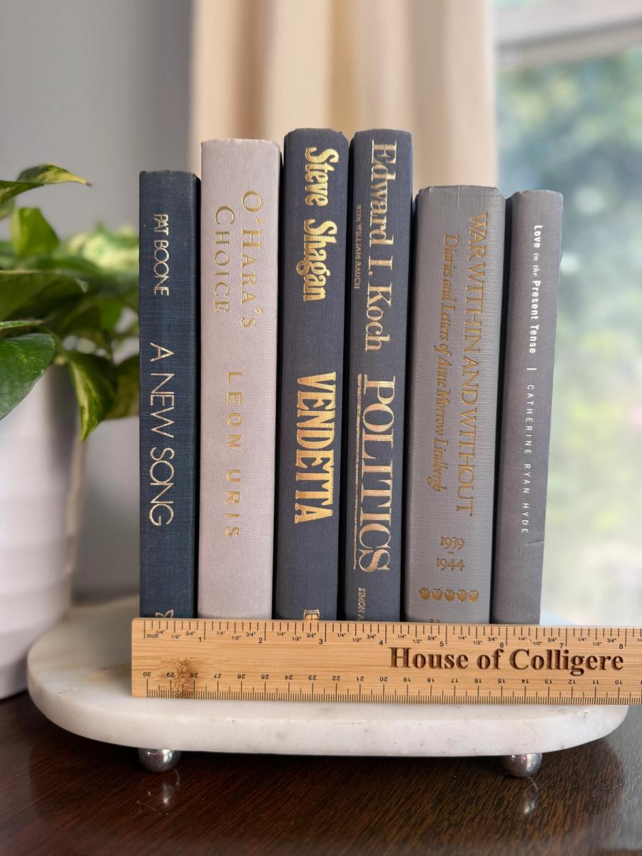 Curated collection of muted blue-gray, slate, charcoal, and softly weathered neutral books.