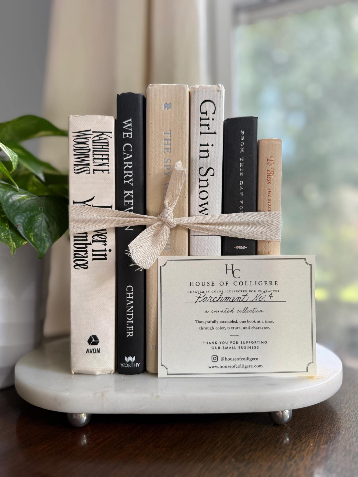 Curated collection of parchment, cream, warm beige, and black books with soft neutral contrast and classic detailing.