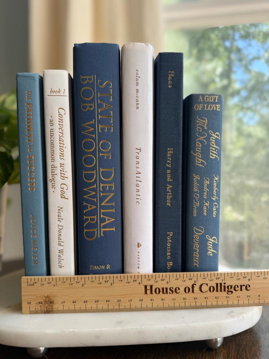 Curated collection of layered blue books ranging from pale coastal blue to deeper ocean tones.