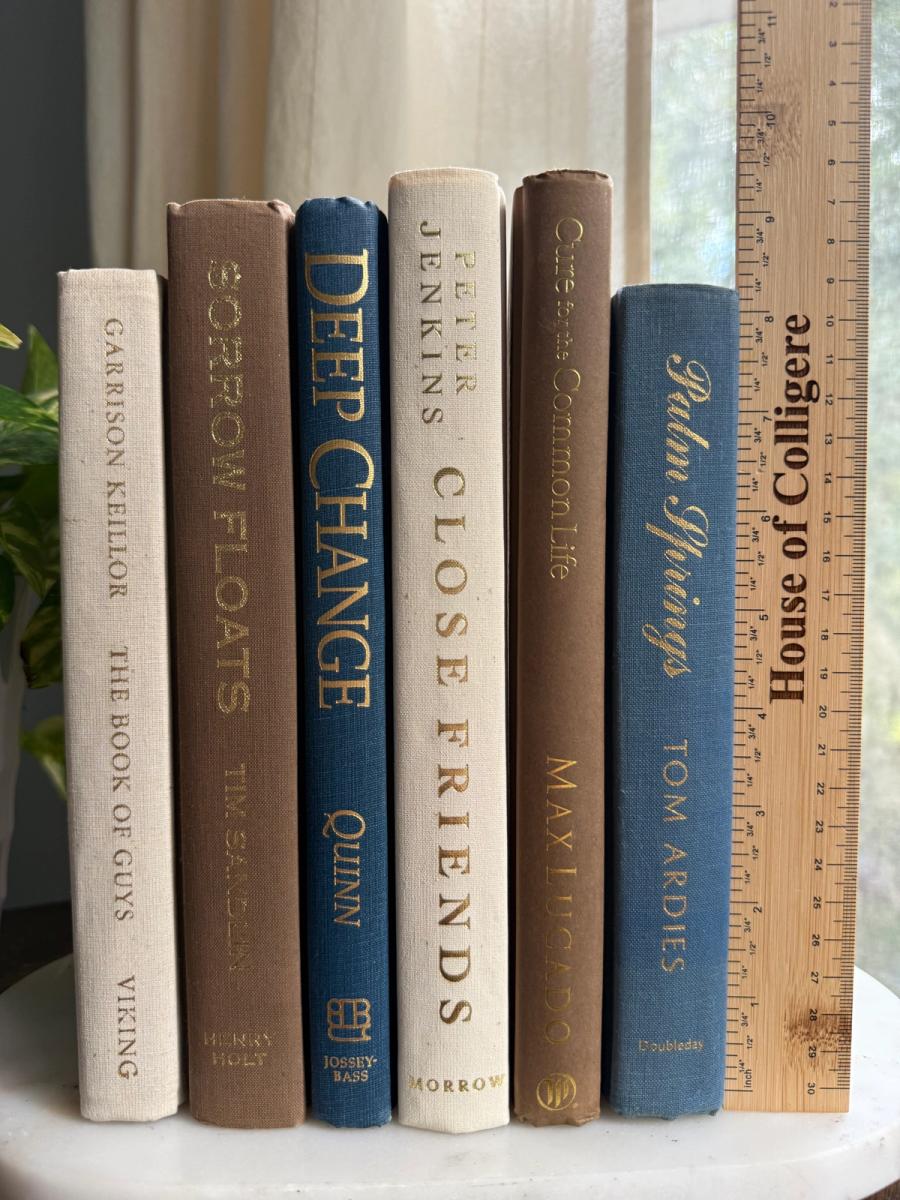 Curated collection of weathered blue, oyster, sand, linen, and driftwood-toned books with soft coastal character.