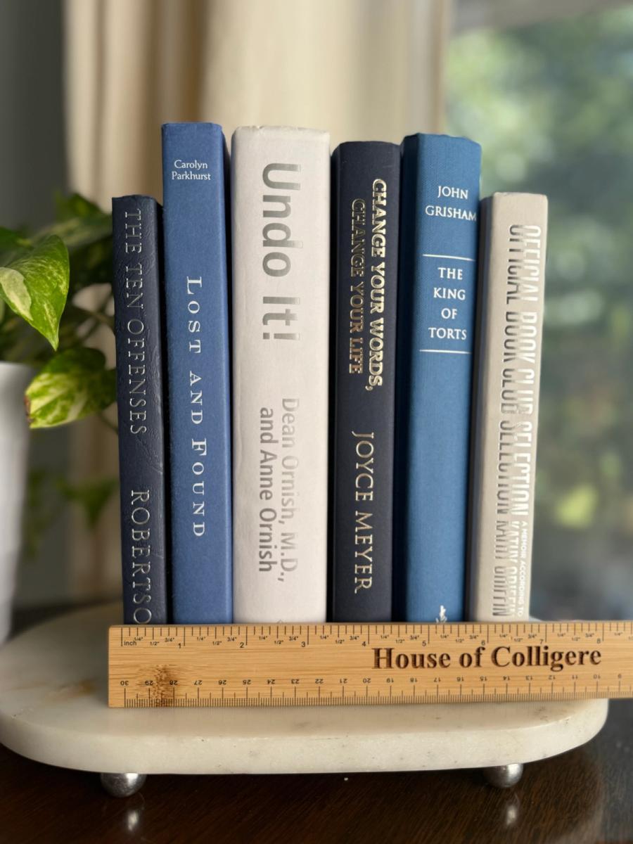 Curated collection of layered blue books ranging from pale coastal blue to deeper ocean tones.
