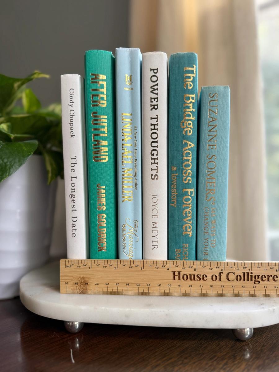 Curated collection of soft blue, aqua, seafoam, and muted coastal-toned books.