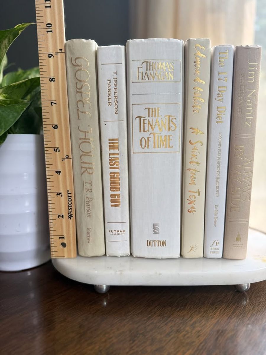 Curated collection of crisp white, ivory, and warm cream books with soft neutral tones.
