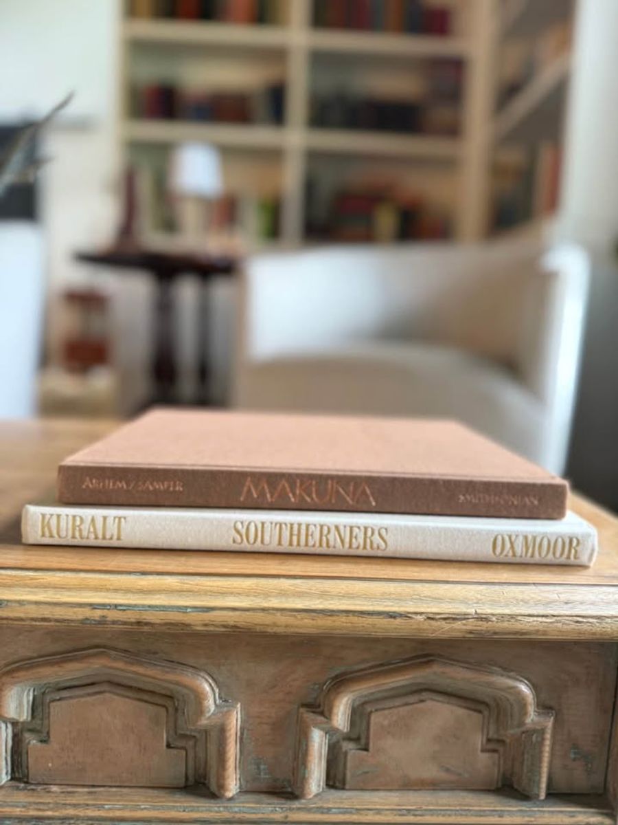 Coffee Table Design, White, beige, almond, linen-like cloth covers, matte woven texture, subtle gold and metallic lettering, understated traditional styling