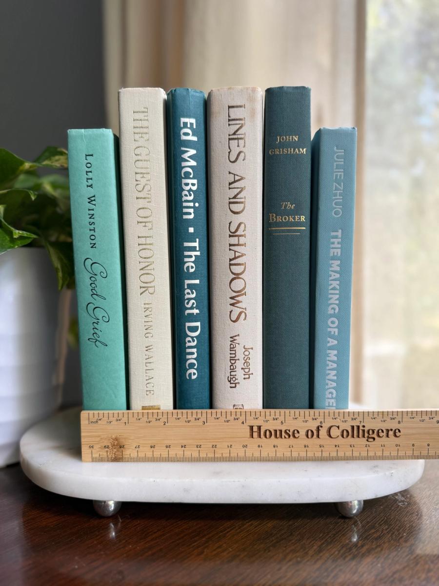 Curated collection of white, pale blue, sand, and soft coastal-neutral books with an airy, sun-faded look.