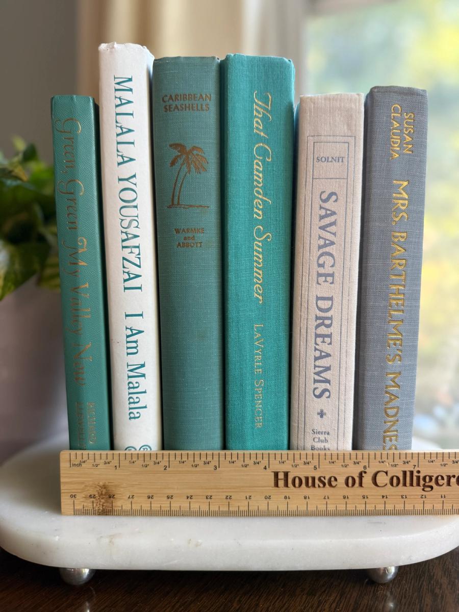 Curated collection of soft blue, aqua, seafoam, and muted coastal-toned books.
