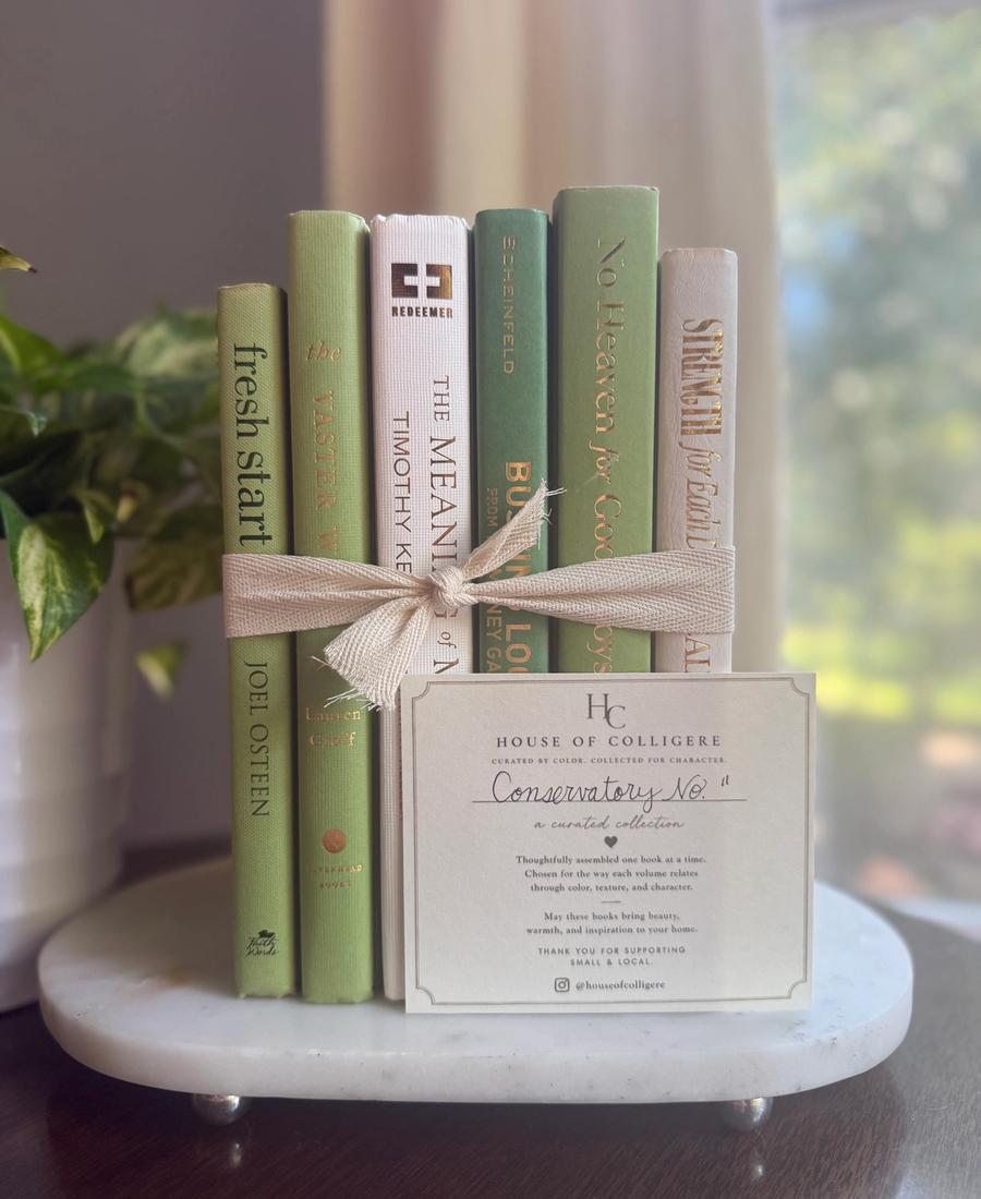 Curated collection of green books ranging from soft sage and olive to deeper botanical tones.