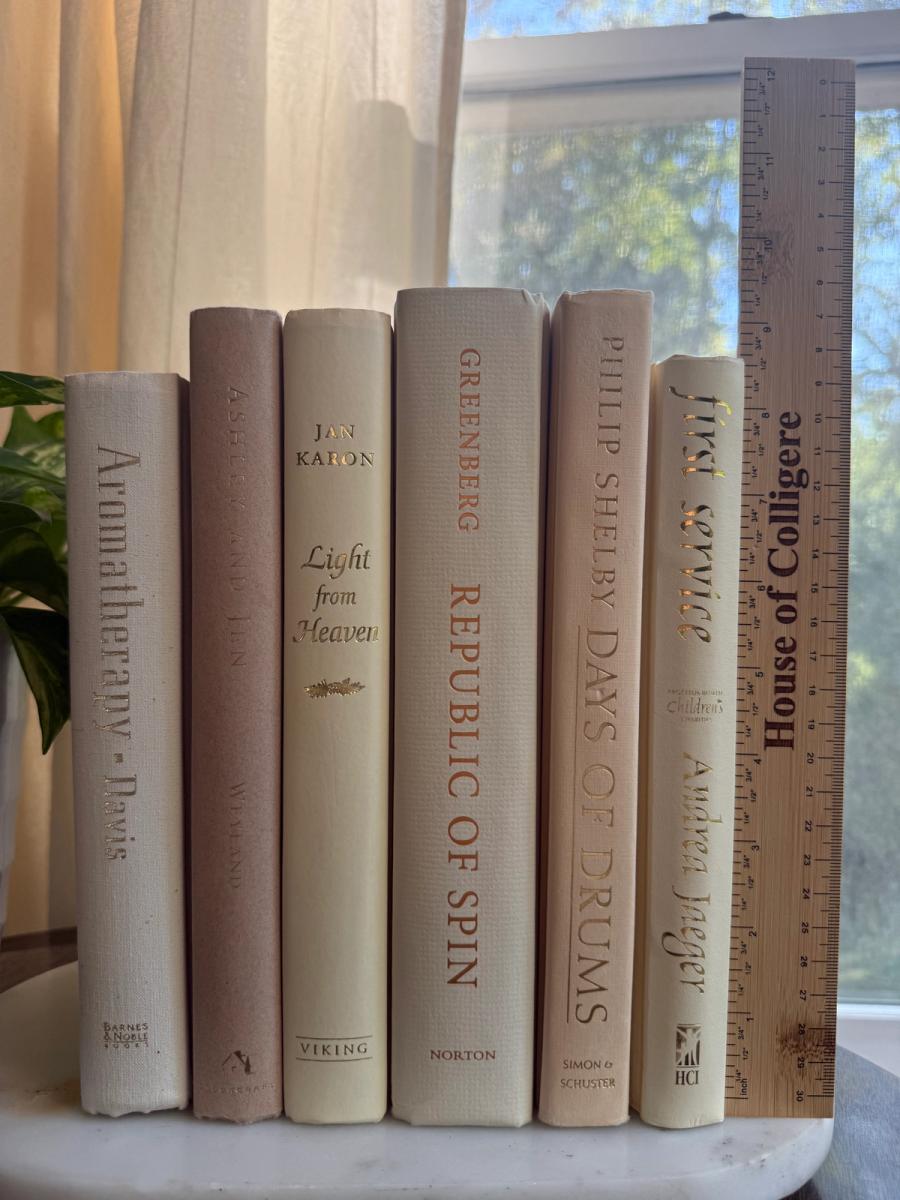 Curated collection of white, ivory, and cream hardcover books with soft neutral tones on a coffee table beside a plant