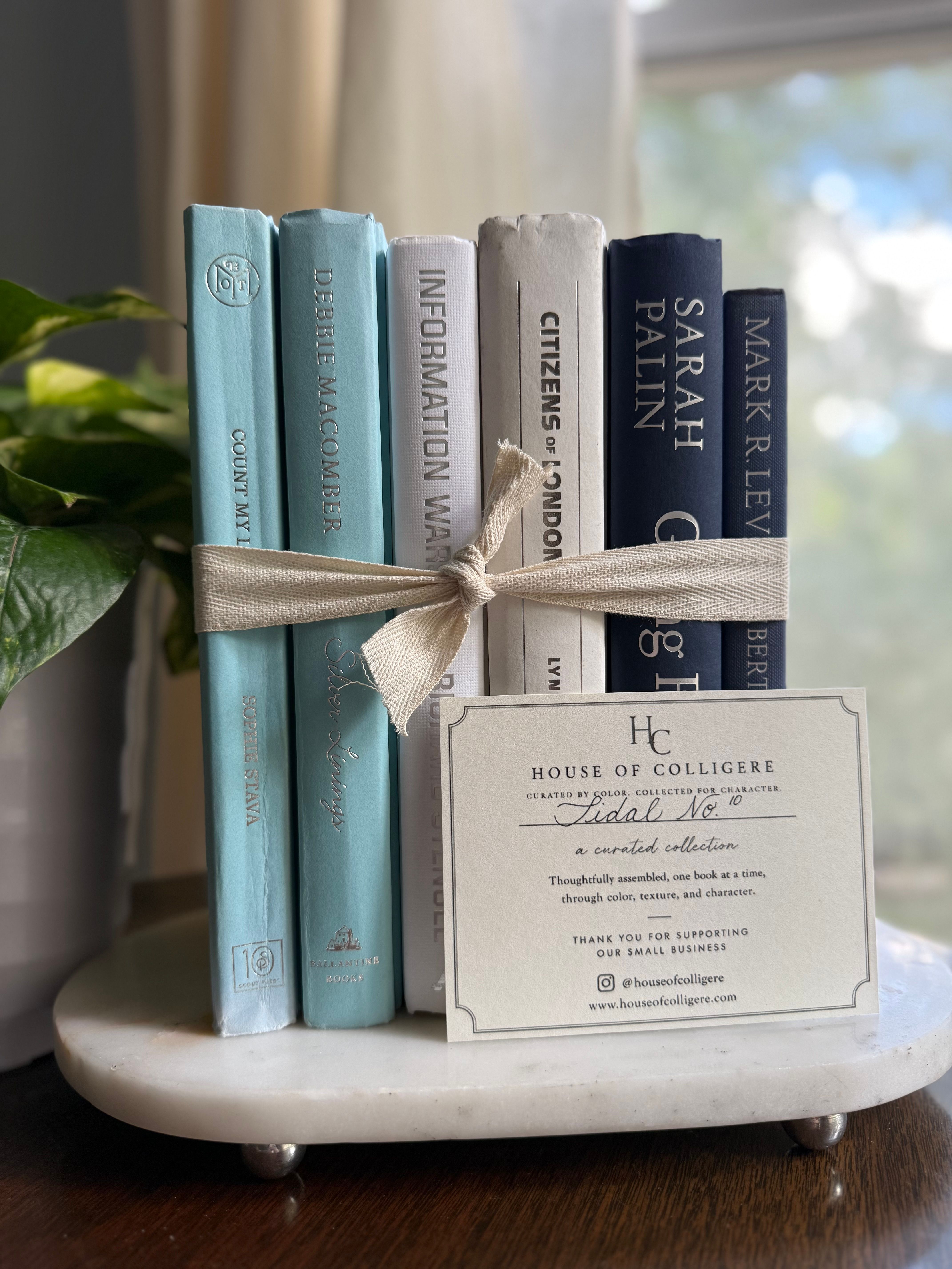 Curated collection of layered blue books ranging from pale coastal blue to deeper ocean tones.