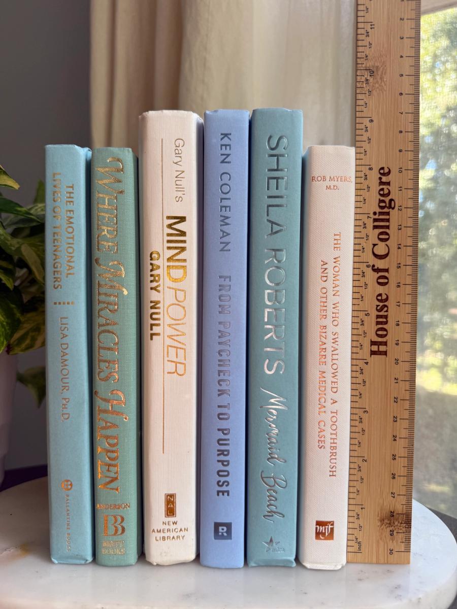Curated collection of soft blue, aqua, seafoam, and muted coastal-toned books.