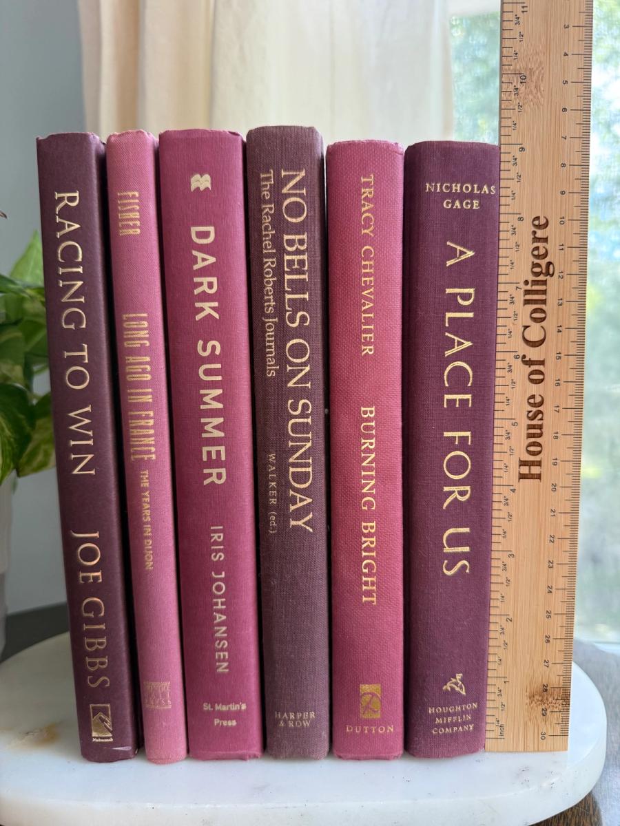 Curated collection of blush, dusty rose, warm taupe, and softly muted neutral books.
